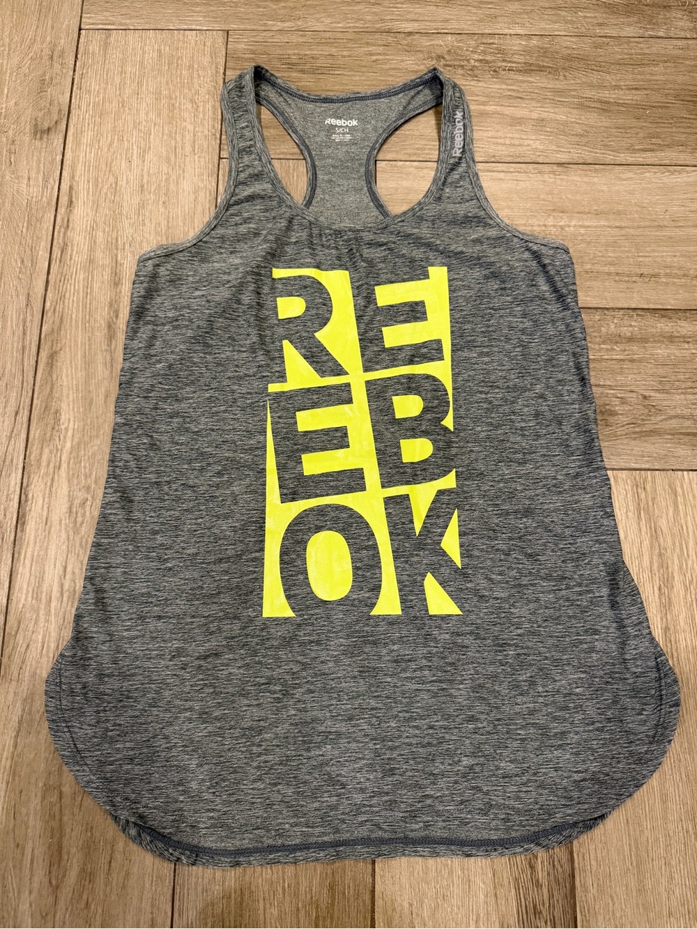 Reebok Heather Gray Racerback Tank with Neon Yellow Logo